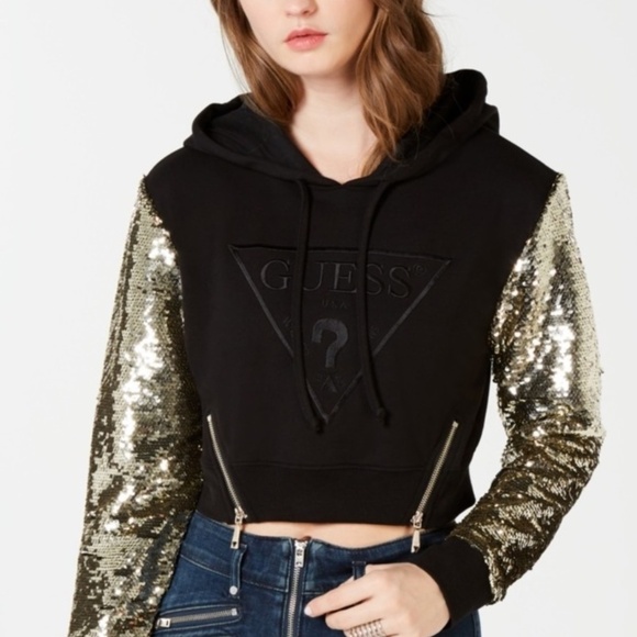 New GUESS Jennifer Sequin Cropped Hoodie SZ S - Picture 2 of 6